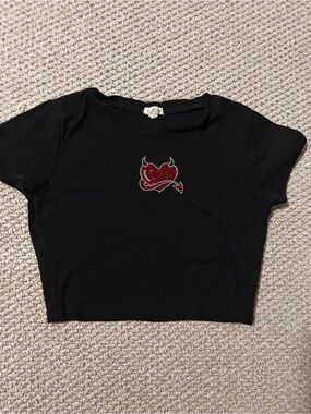 Garage Black Tee with Red Rhinestone Heart